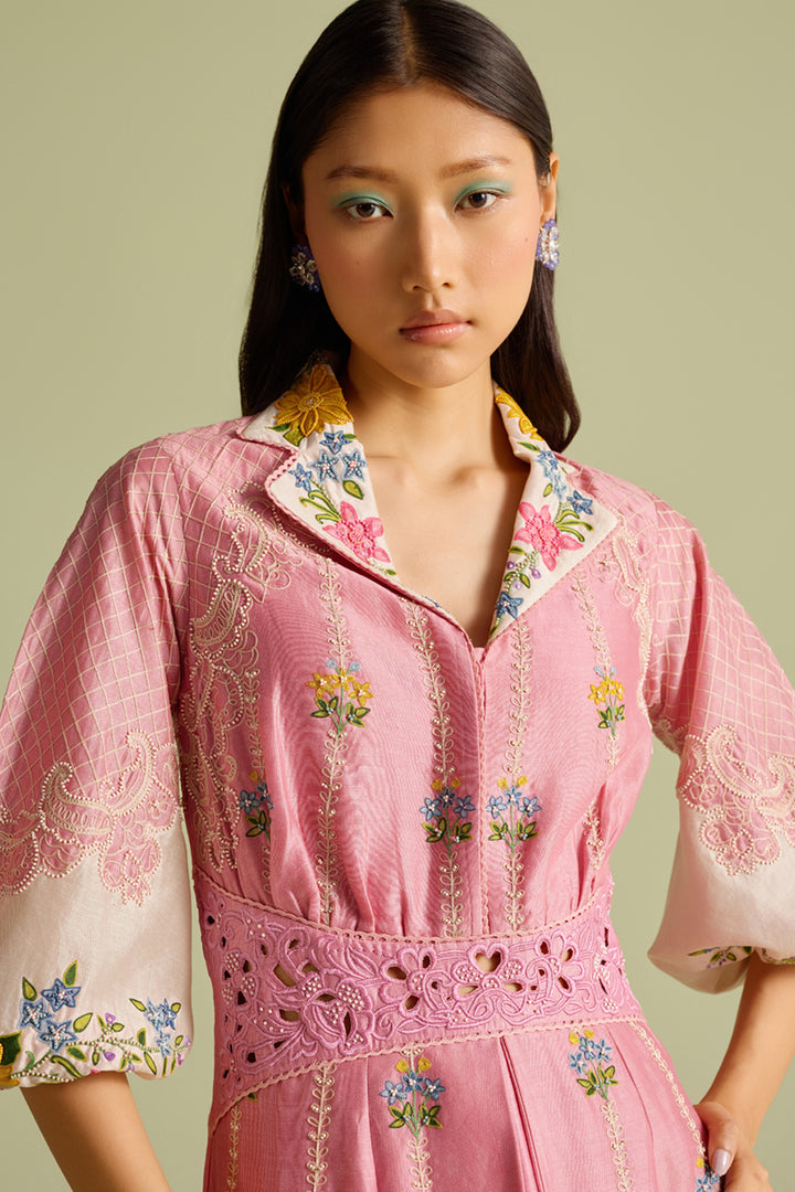 Pink and Ivory Color Block Embroidered Dress