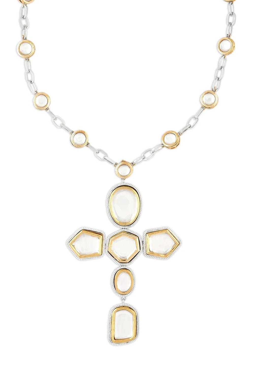 Gold & Silver Polki Cross Necklace