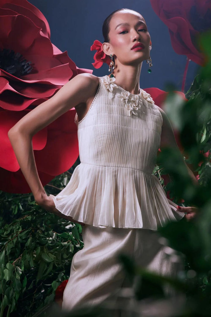Ivory Floral Applique Pleated Top
