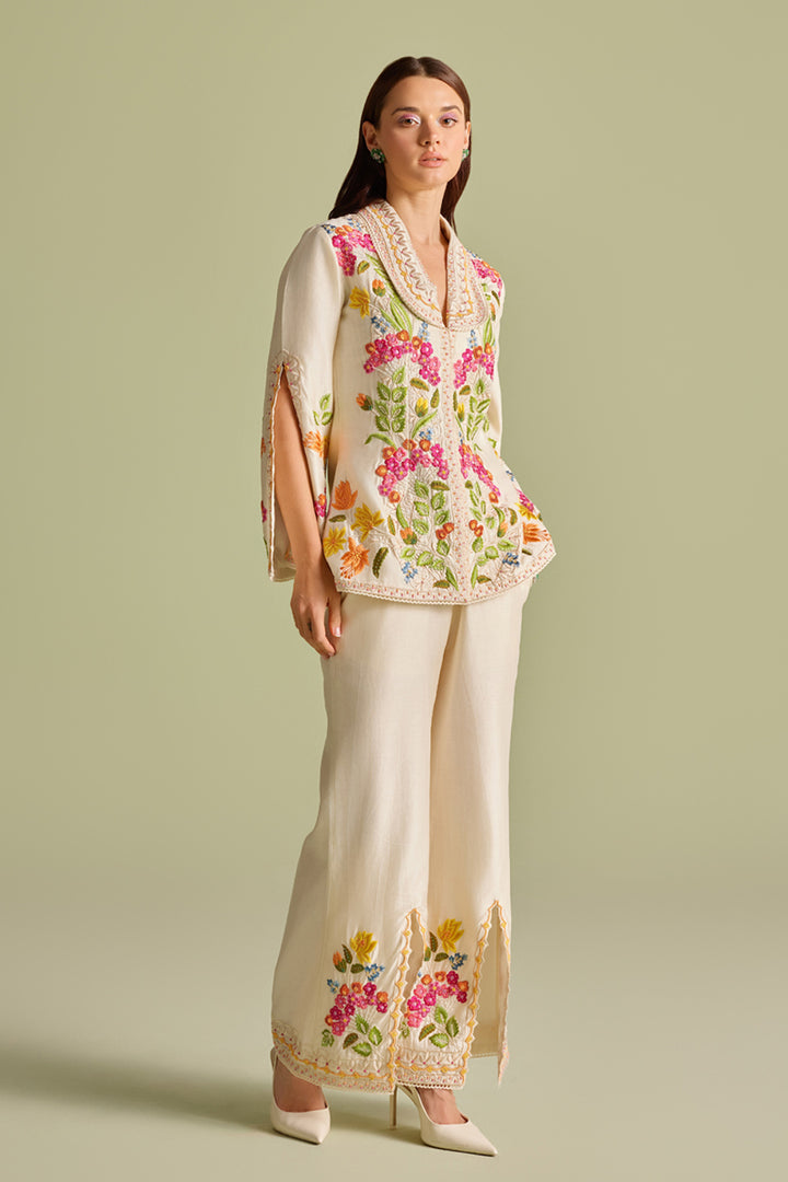 Ivory Floral Threadwork and Beadwork Flared Jacket