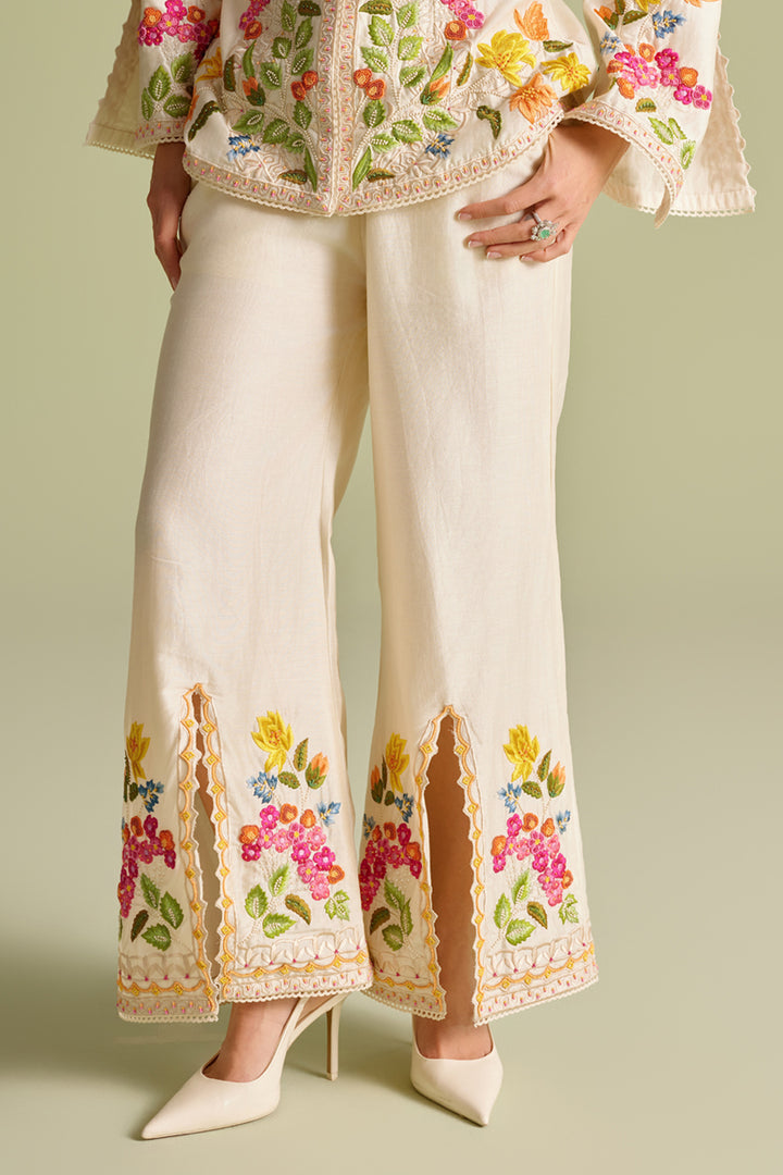 Ivory Floral Threadwork Bell Bottom Pants