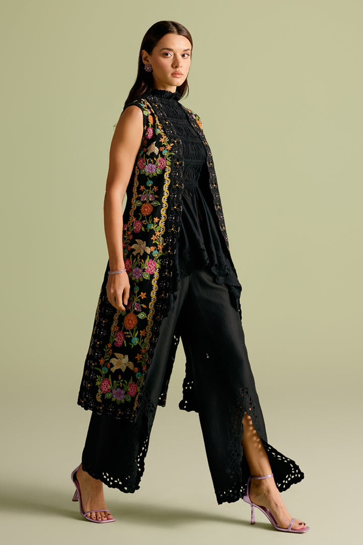 Black Floral Embroidered Long Jacket