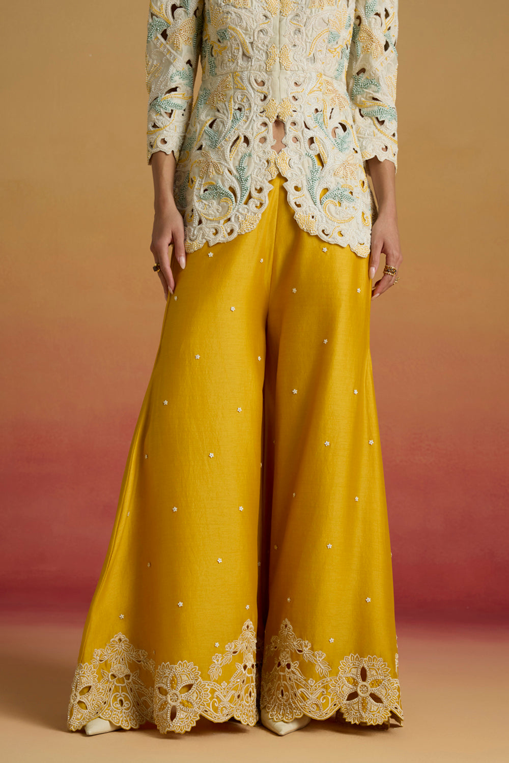 Yellow Contrast Cutwork Sharara