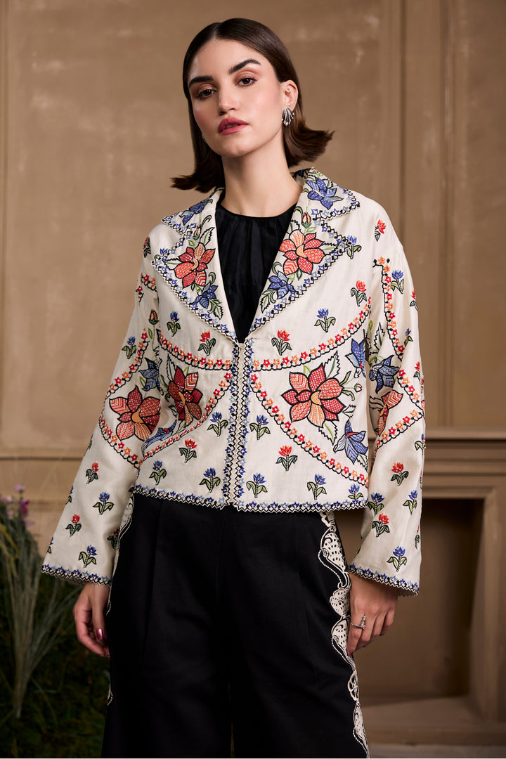 Ivory Contrast Panel Floral Short Jacket