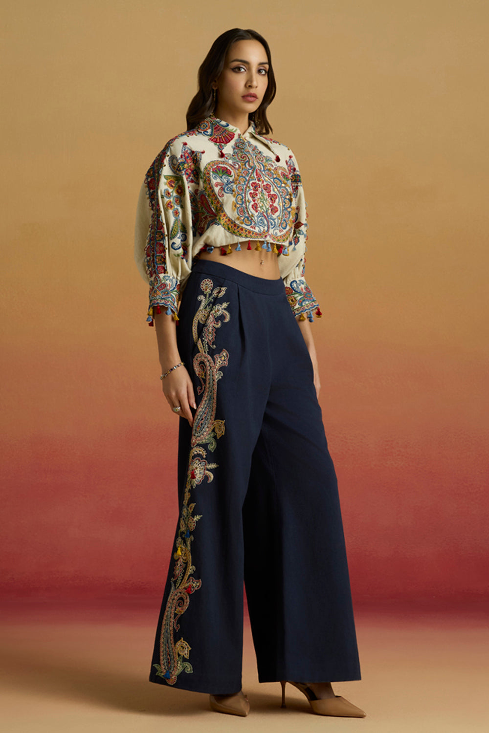 Indigo Contrast Paisley Flared Pants