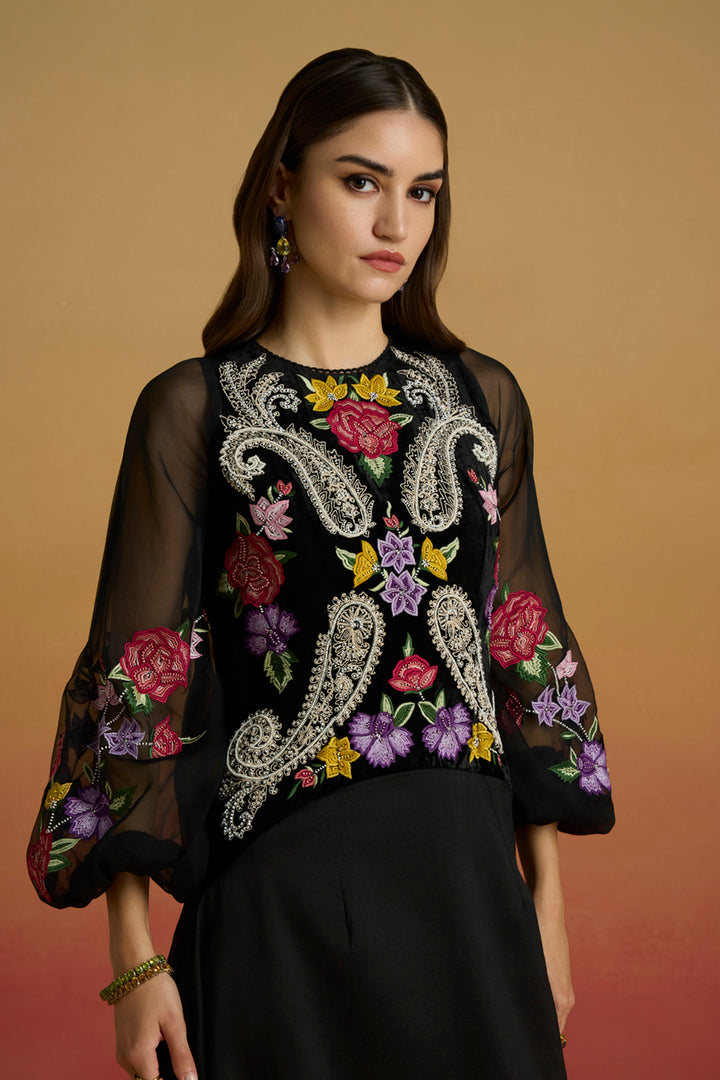 Black Contrast Paisley Flounce Dress