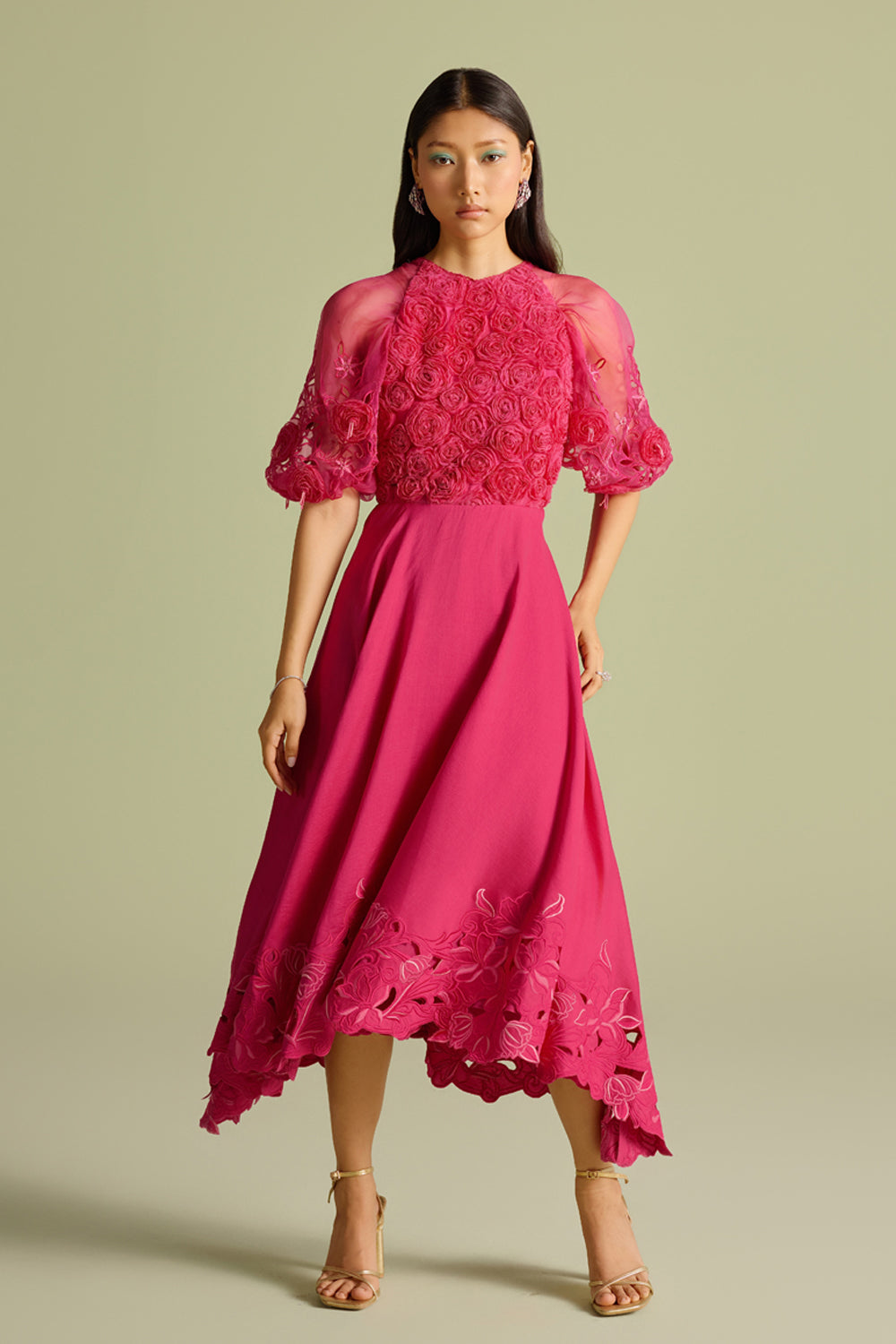 Fuchsia 3D Rose Applique & Cutwork Flounce Dress