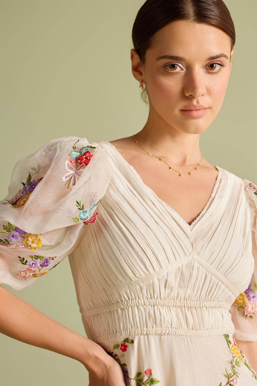 Ivory Floral Vines Embroidered Ruched Dress