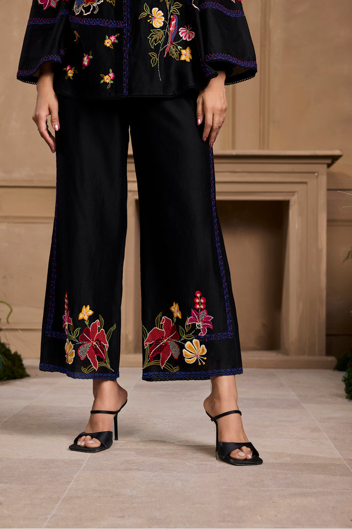 Black Floral Embroidered Pants