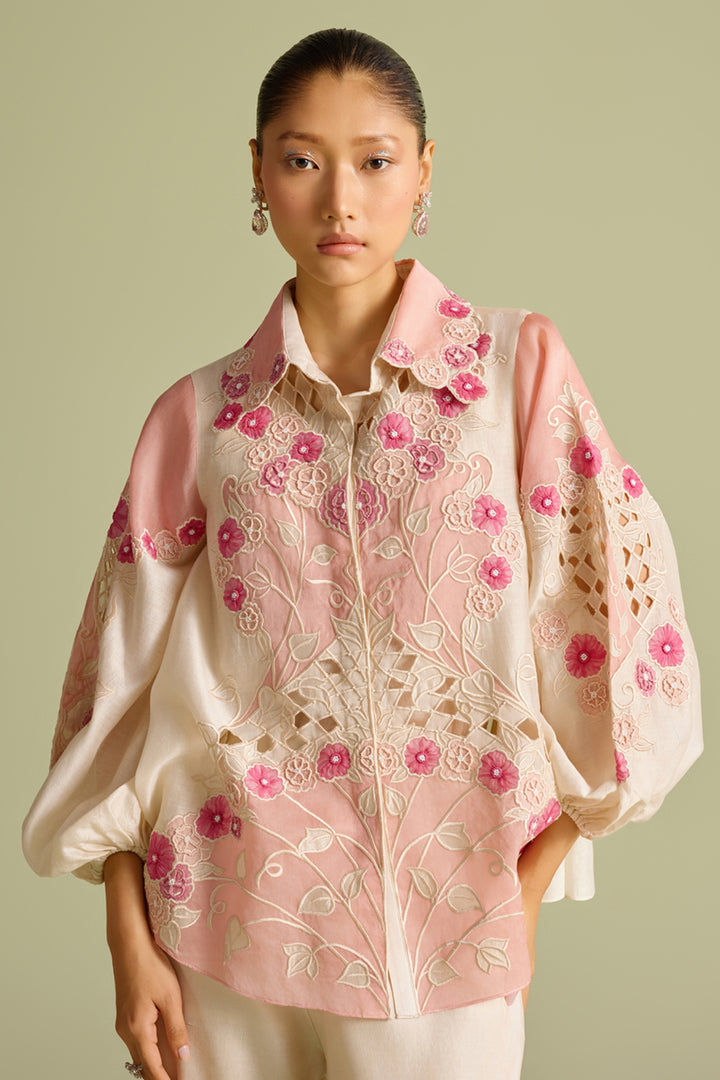 Ivory & Pink Panelled Applique Shirt