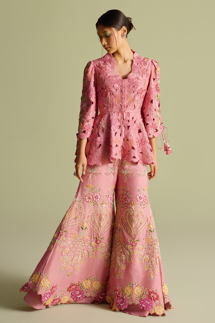 Pink Contrast Cordwork and Beadwork Sharara Pants