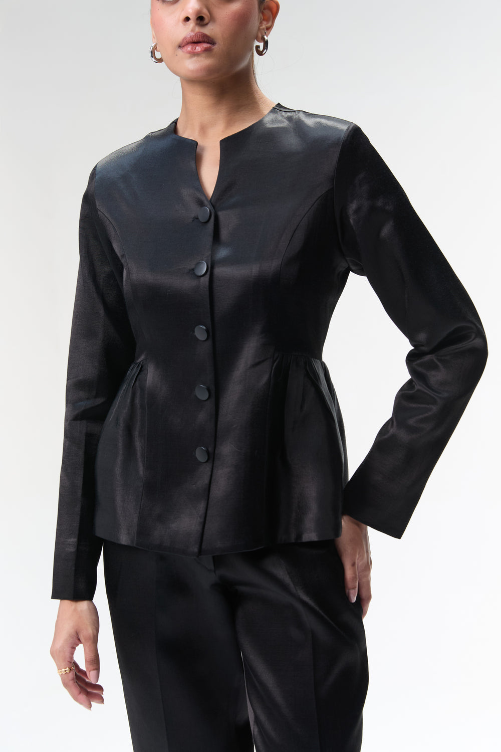 Black Peplum Jacket With Side Gathers & Black Tapered Trouser