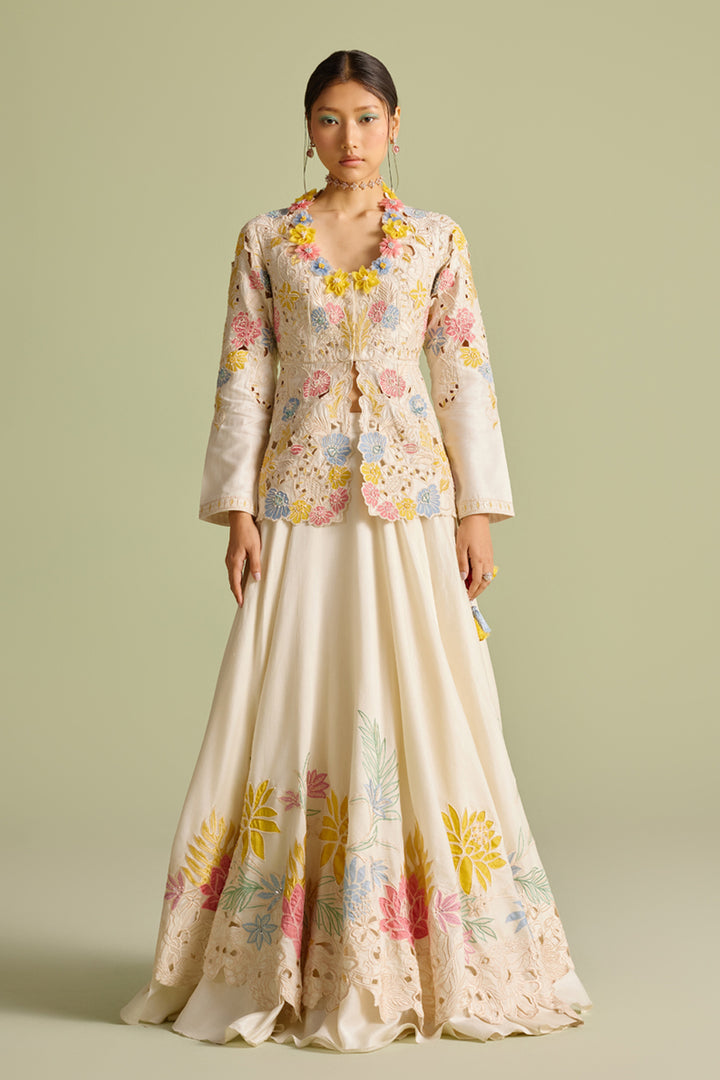 Ivory Pastel Embroiered Layered Lehenga