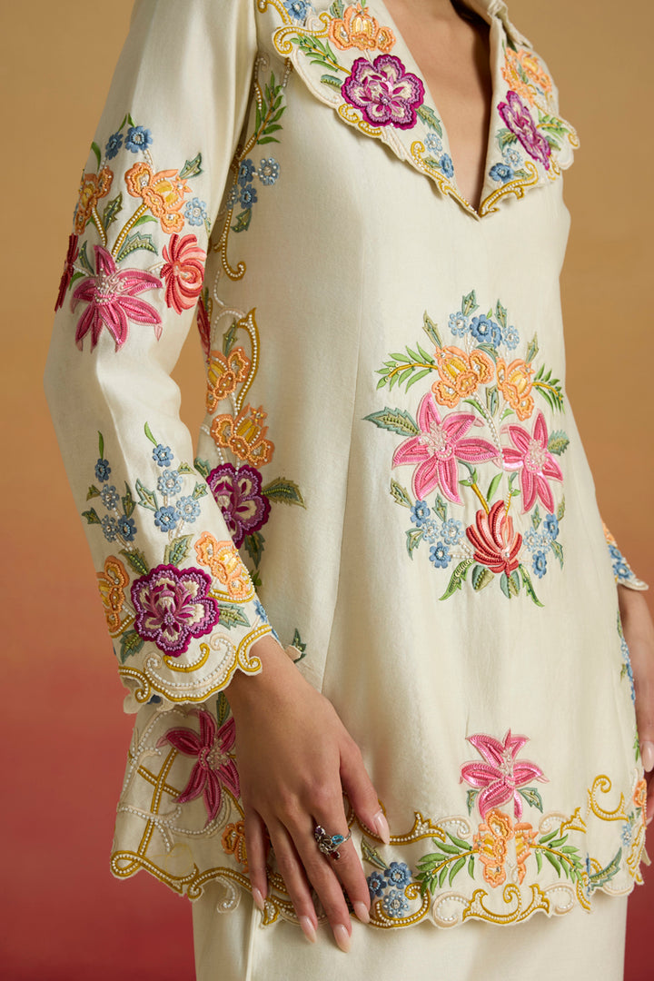 Ivory Threadwork and Beadwork Flared Jacket