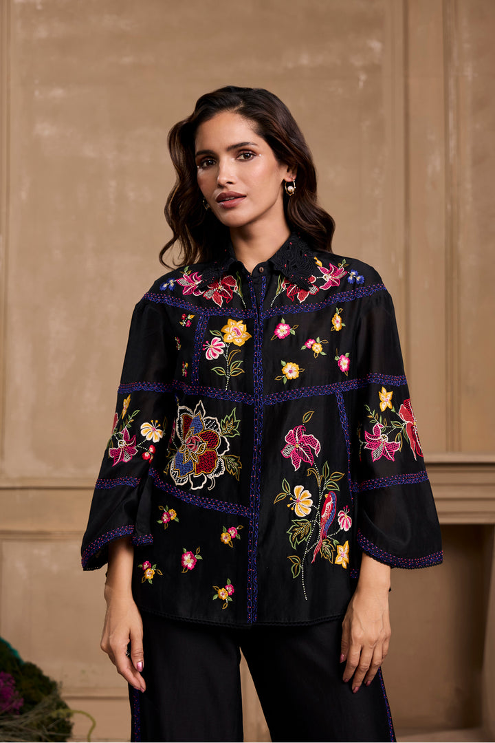 Black Floral Embroidered Panel Shirt