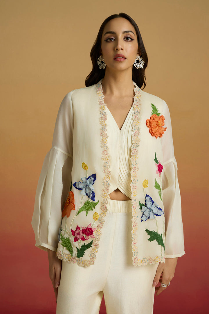 Ivory 3D Floral Applique Flared Jacket