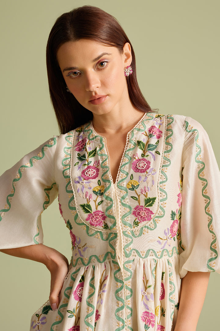 Ivory Floral Vines Midi Dress