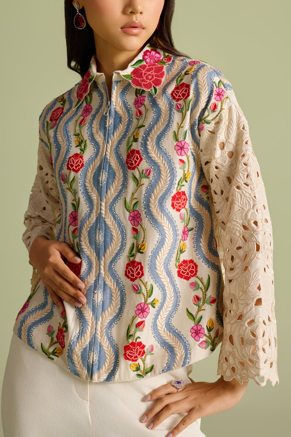 Ivory Striped Florals Short Jacket