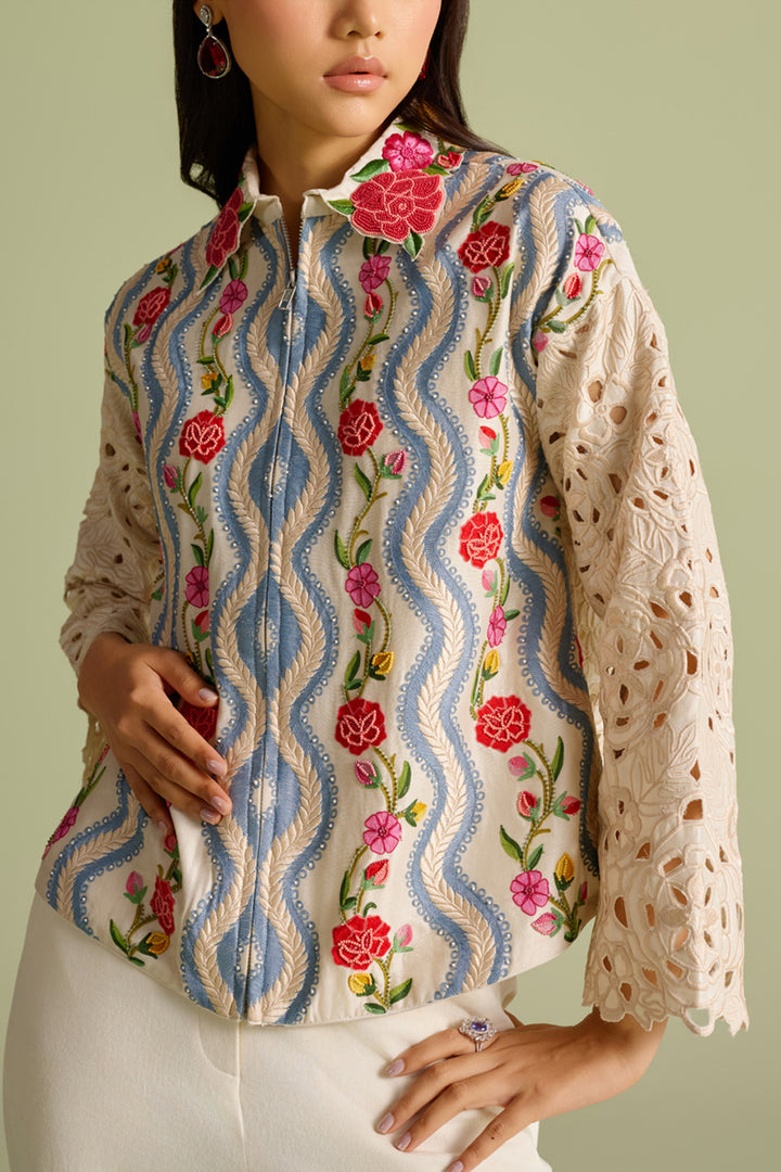 Ivory Striped Florals Short Jacket