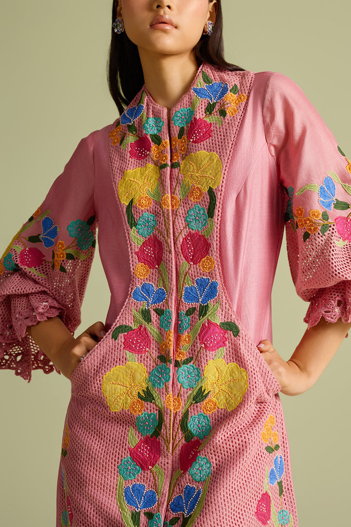 Pink Applique Mesh Layered Short Dress