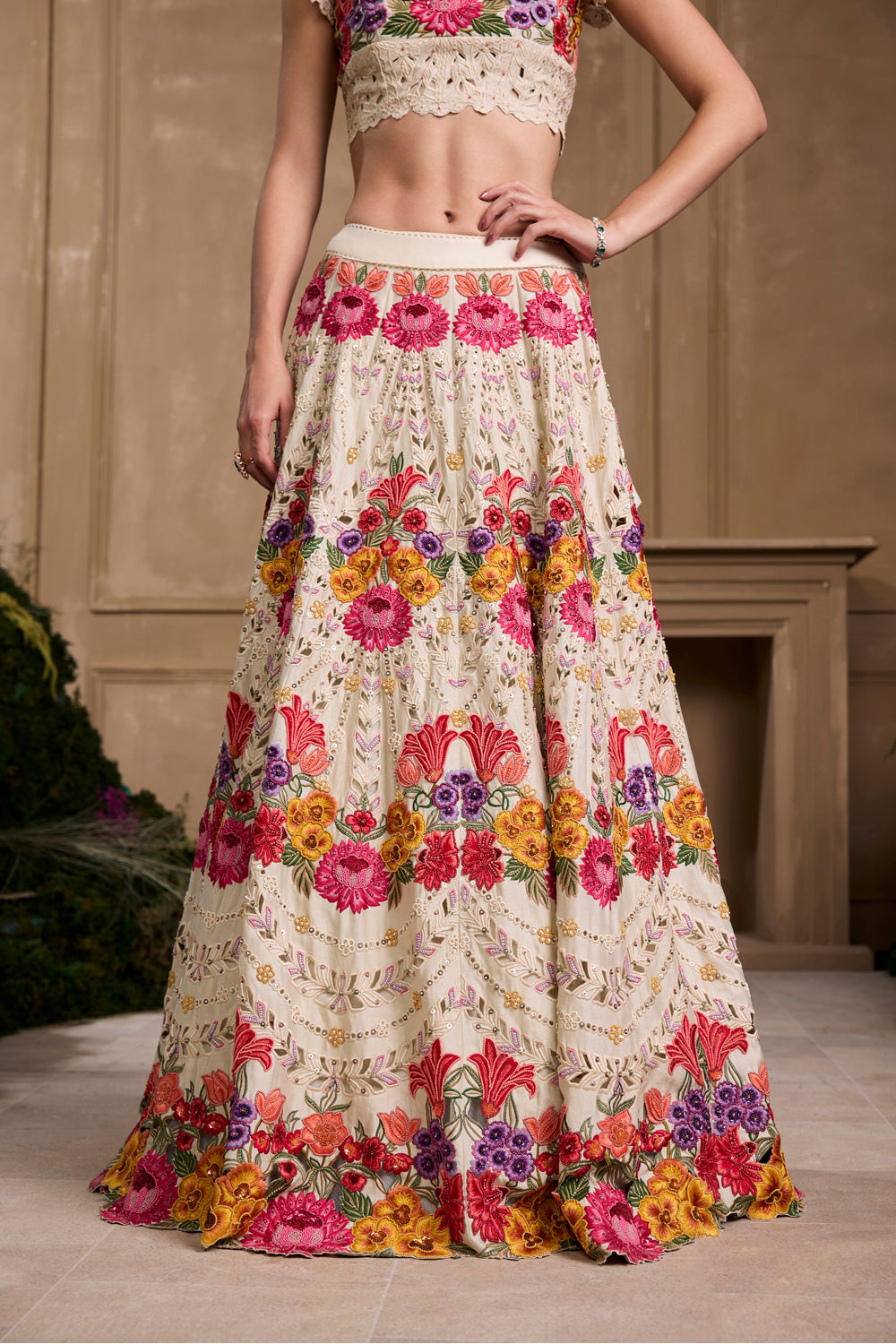 Ivory Multicoloured Florals Lehenga