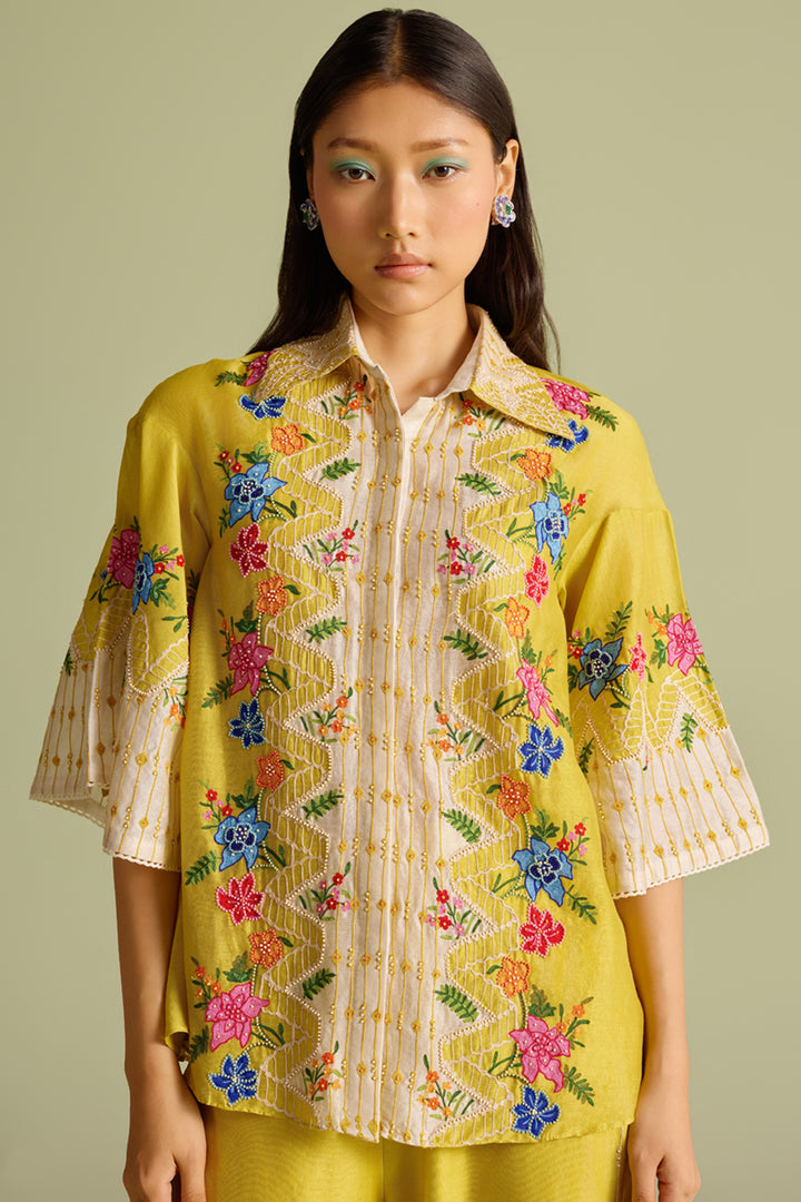 Yellow Floral Embroidered Color Block Shirt