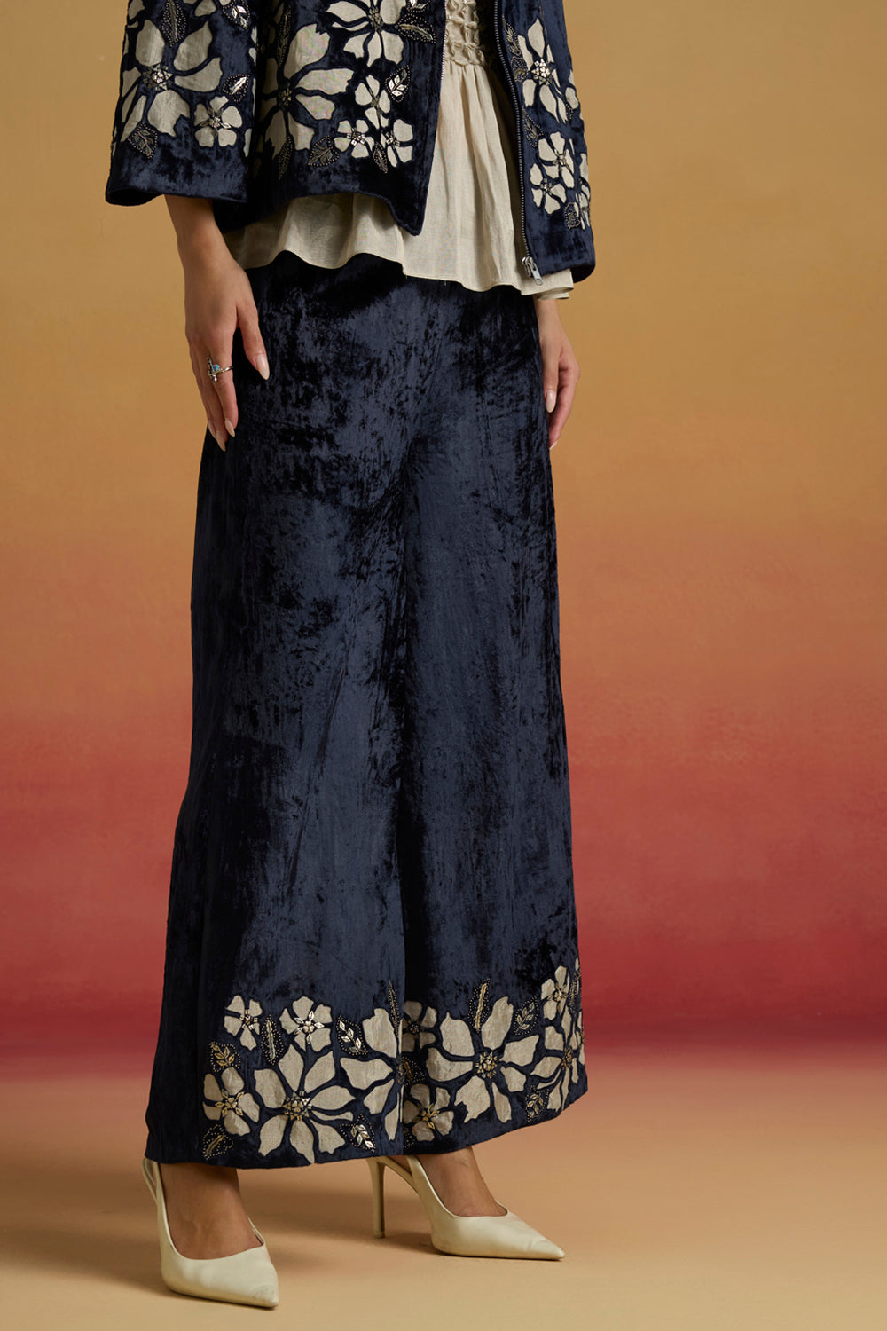 Indigo Contrast Silver Applique Flared Pants