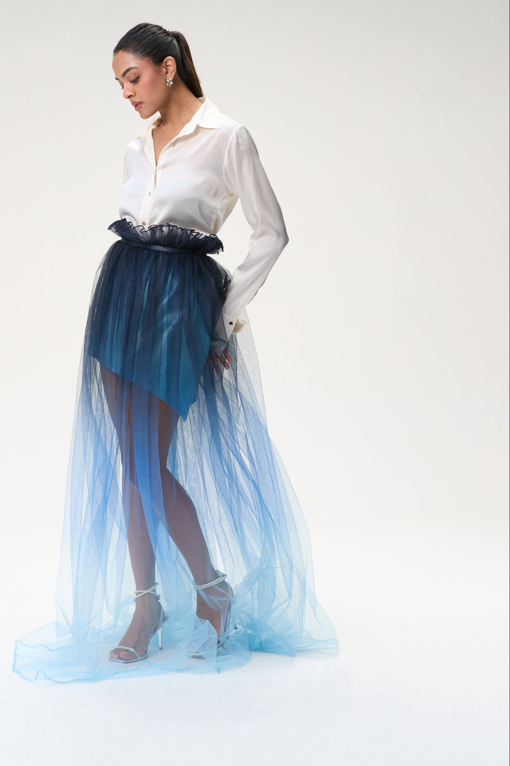 Ivory Silk Shirt & Midnight Blue Ombre Tulle Skirt