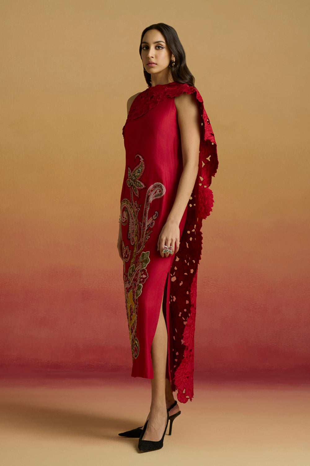 Red Drape Detail Straight Dress