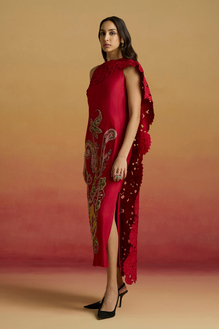 Red Drape Detail Straight Dress