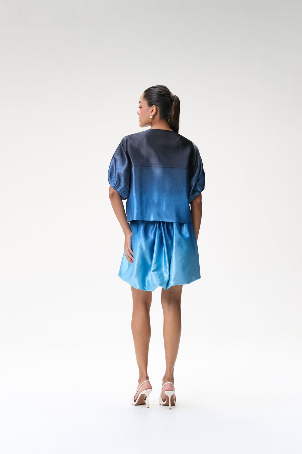 Midnight Blue Ombré Bubble Sleeve Crop Jacket & Blue Ombré Mini Bubble Skirt