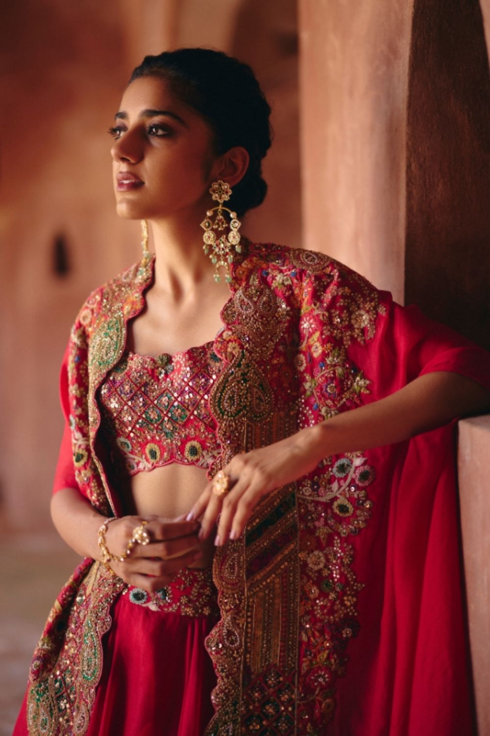 Gulrez Chanderi Blouse With Organza Heavy Cape & Organza Skirt