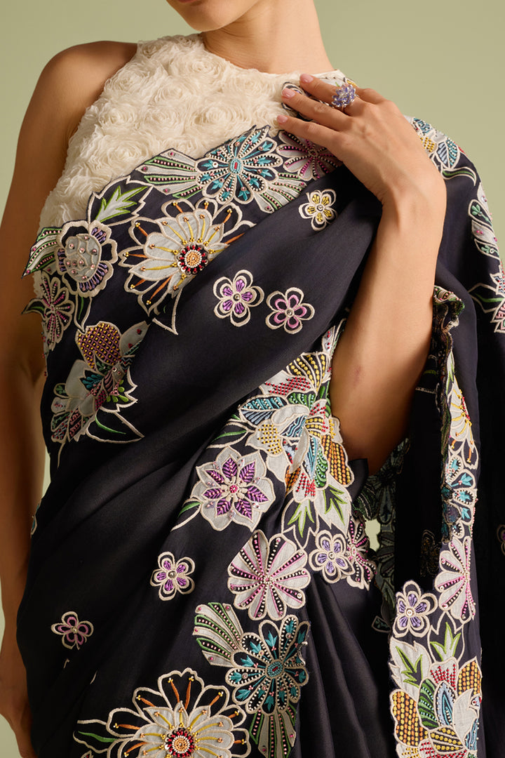 Black Contrast Applique and Threadwork Saree