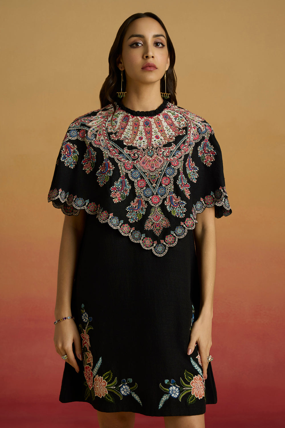 Black Applique Cape Short Dress