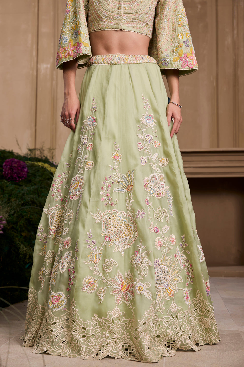 Mint Green Contrast Embroidered Lehenga