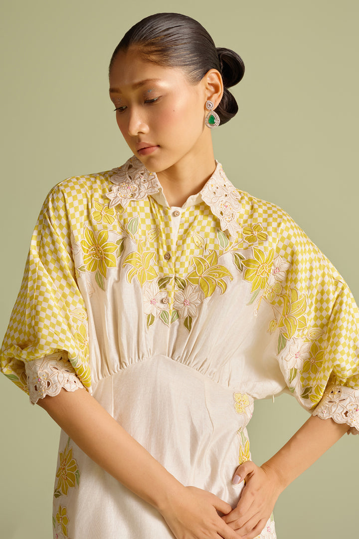 Ivory and Yellow Checkered Kimono Dress