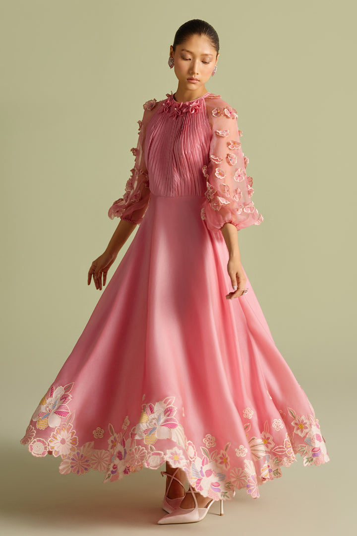 Pink Contrast Embroidered Flounce Dress