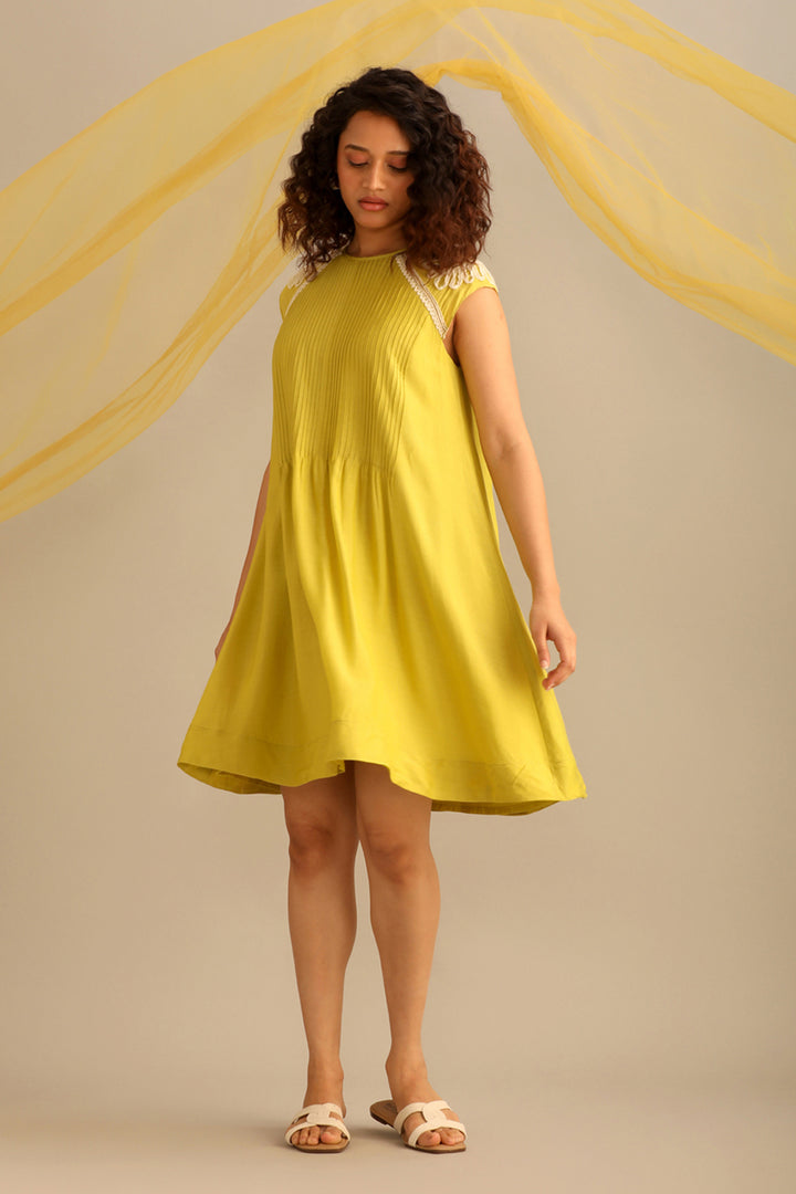 Lime cotton silk pintucked short knee length dress