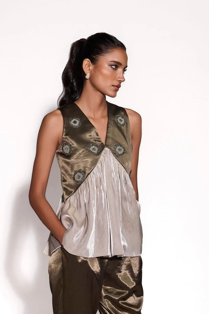 Dusky Olive Satin And Glass Organza Embroidered Top