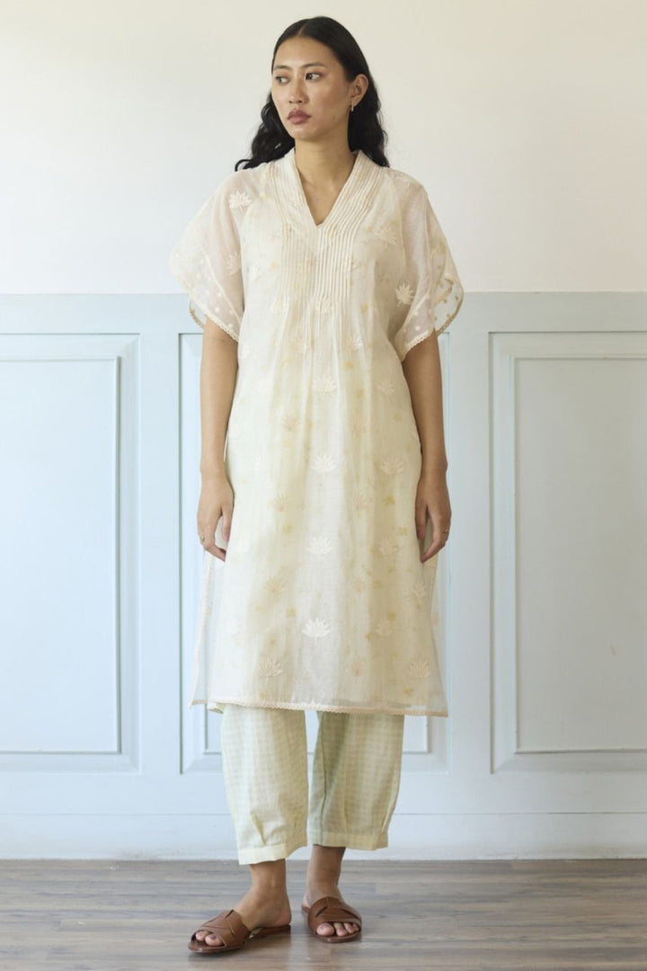 White & Green Kaftan Set With Slip and Pants