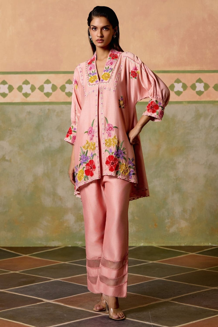 Rose pink threadwork and beadwork tunic with sheer details pants
