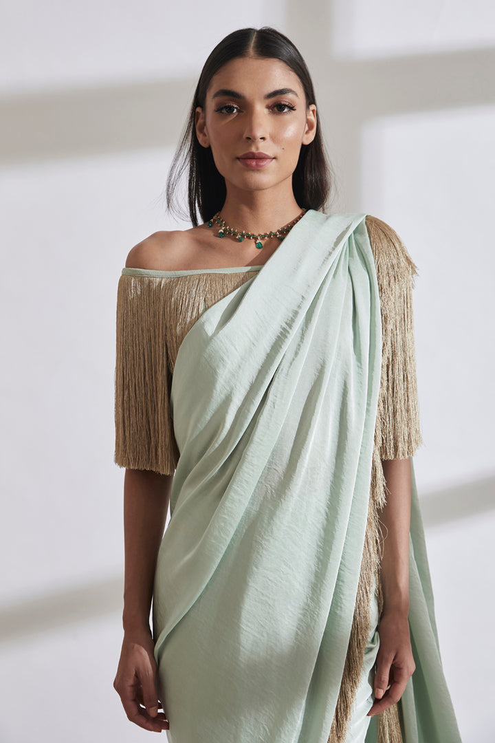 Noor Fringe Sari with Off Shoulder Fringe Top