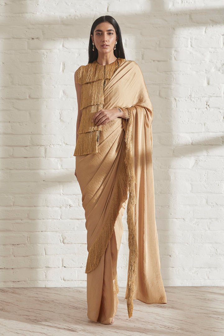 Noor Fringe Sari with Sleeveless Fringe Jacket