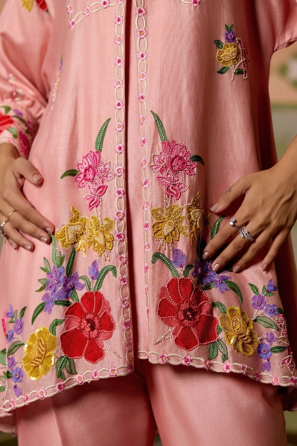 Rose pink threadwork and beadwork tunic with sheer details pants