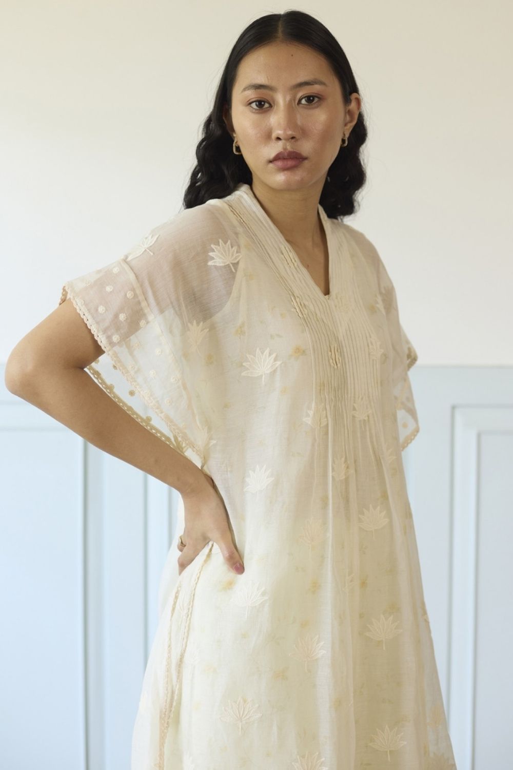 White & Green Kaftan Set With Slip and Pants