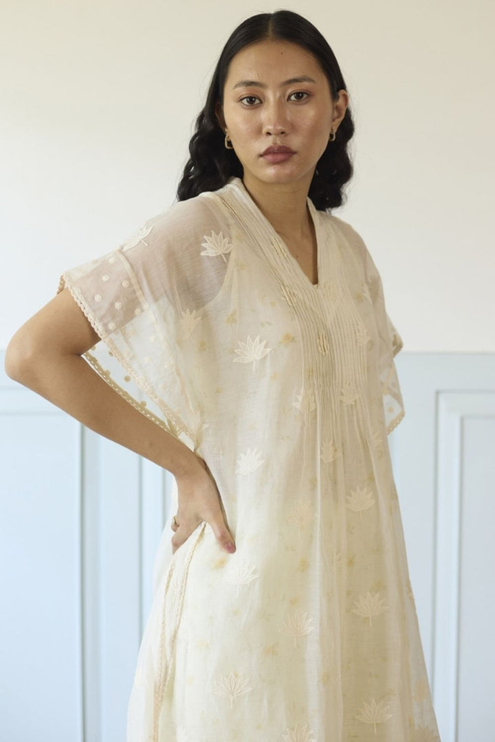 White & Green Kaftan Set With Slip and Pants