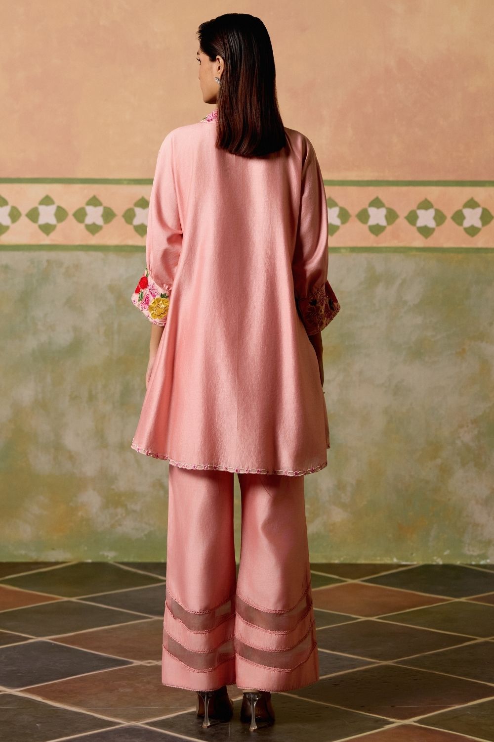 Rose pink threadwork and beadwork tunic with sheer details pants