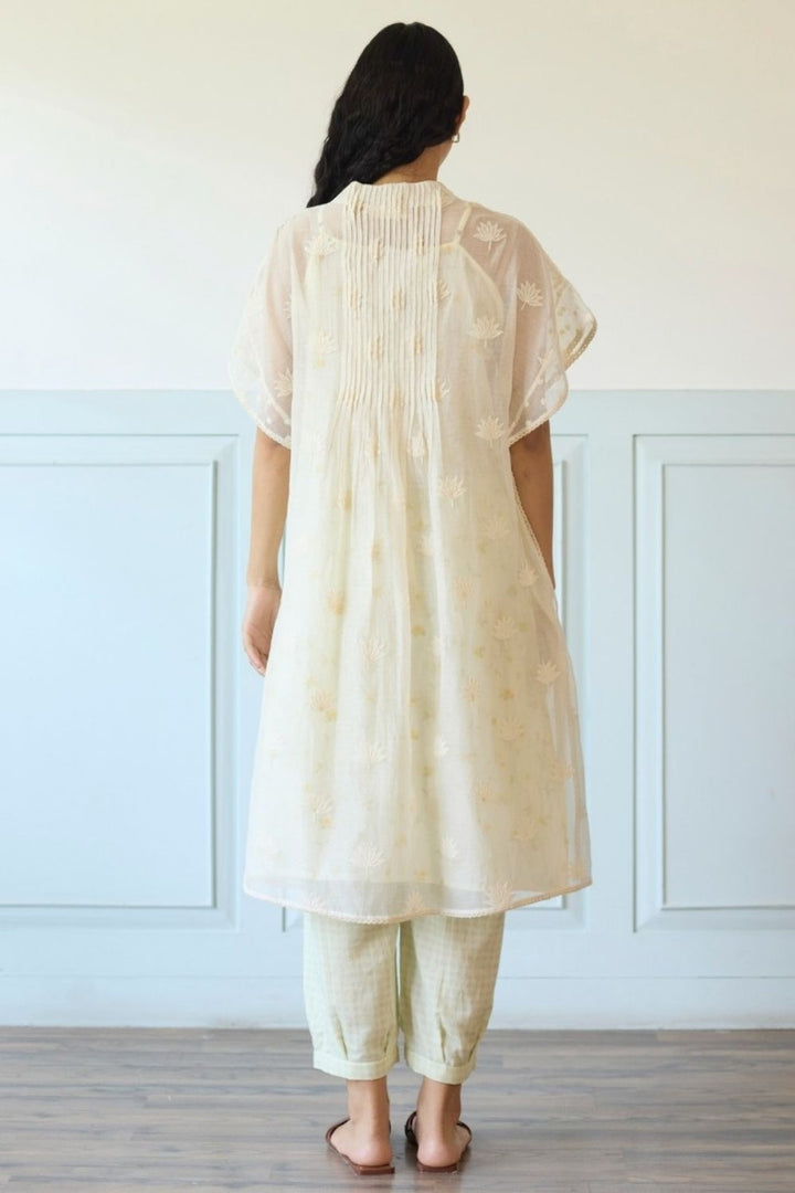 White & Green Kaftan Set With Slip and Pants