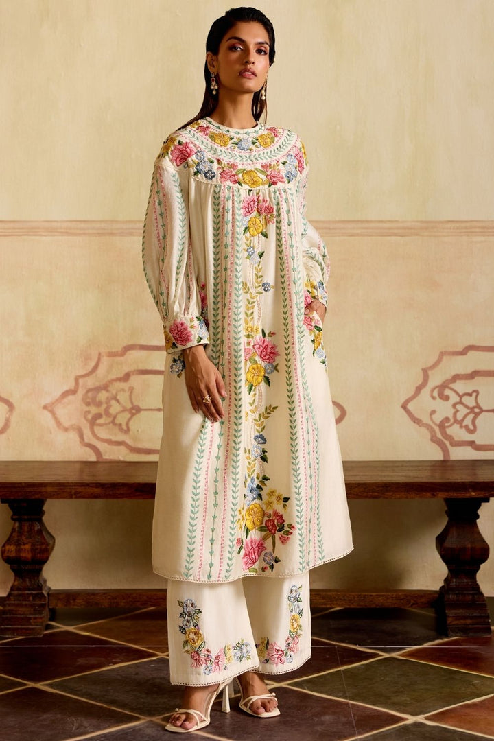 Ivory florals & stripes yoke detail kurta with cutwork pants