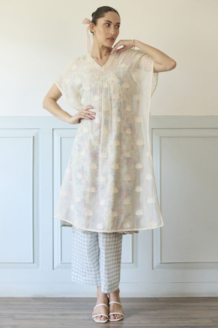 White & Blue Kaftan Set With Slip and Pants